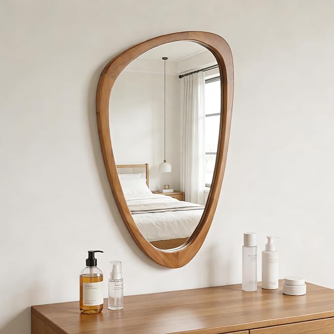 Irregular Wall Mirror Asymmetrical Bathroom Mirror, 19 x 30 Inch Wall Mounted Decorative Mirror with Wooden Frame for Living Room, Vanity, Bedroom, Entryway, Hallway
