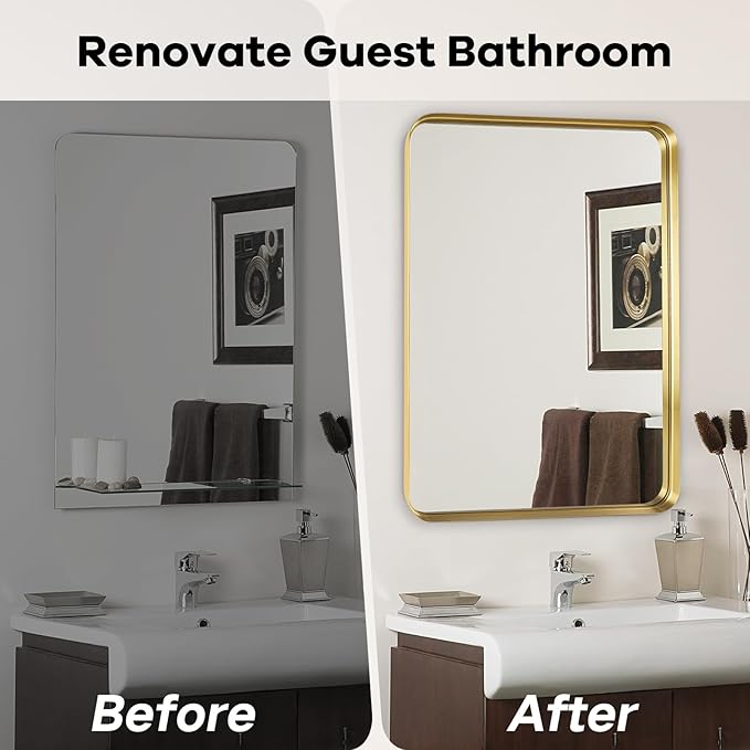Bathroom Sink Mirror - 30x36 Inch Gold Frame Bathroom Mirror for Over Sink, Matte Rectangle Wall Mirror for Restroom, Entryway, Hanging Vertically or Horizontally