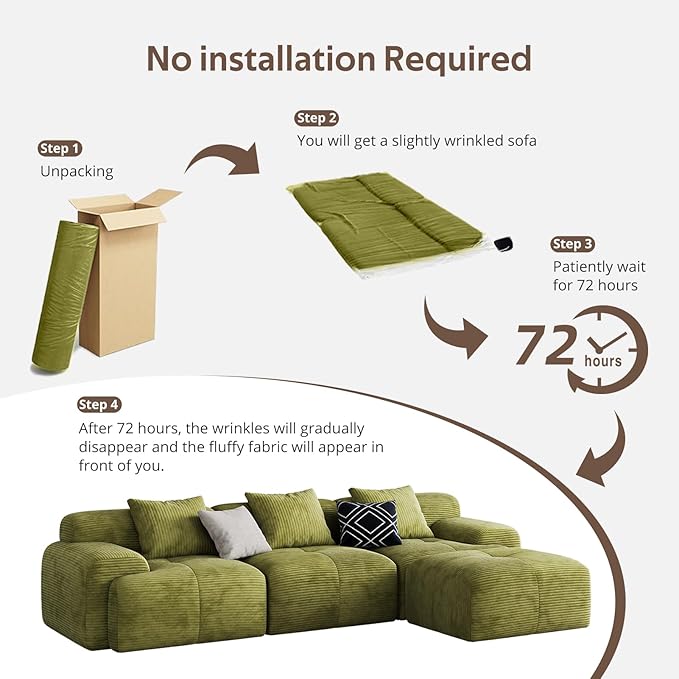 Modern L-Shaped Modular Sectional Sofa for Living Room，Oversized 3-Seater Couch with Deep Seat and Movable Ottoman – No Assembly,Comfortable Suede Fabric Boneless Sofa (Green)
