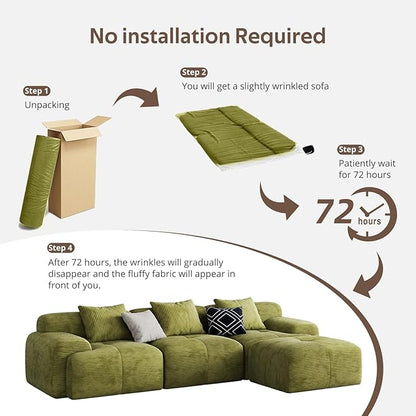 Modern L-Shaped Modular Sectional Sofa for Living Room，Oversized 3-Seater Couch with Deep Seat and Movable Ottoman – No Assembly,Comfortable Suede Fabric Boneless Sofa (Green)