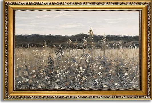 YD&YZY Gold Framed Vintage Wall Art Canvas Landscape Meadow with Flowers Farmhouse Wall Decor Rustic Modern Cottagecore Nature Painting Picture Print for Bedroom Home Decor 16x24 inch Framed