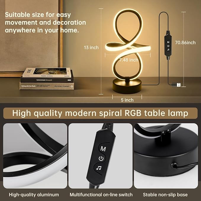 EIDISUNY Modern RGB Table Lamps, Multicolor Changing Spiral Bedside Lamp with Remote&APP, Cool Table Lamp, Dimmable LED Nightstand Lamp with Music Rhythm Modes for Bedroom, Living Room, Black(2 Pack)