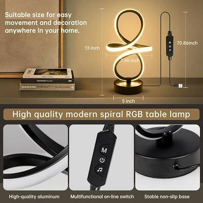 EIDISUNY Modern RGB Table Lamps, Multicolor Changing Spiral Bedside Lamp with Remote&APP, Cool Table Lamp, Dimmable LED Nightstand Lamp with Music Rhythm Modes for Bedroom, Living Room, Black(2 Pack)