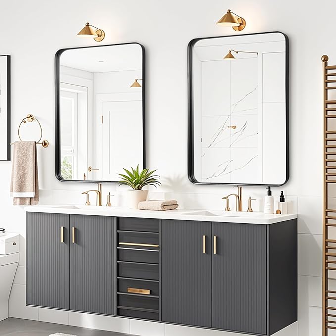 Black Metal Framed Bathroom Mirror - 30x36 Inch Black Round Corner Bathroom Mirror for Over Sink, Matte Rectangle Vanity Mirror for Restroom, Entryway, Hanging Vertically or Horizontally