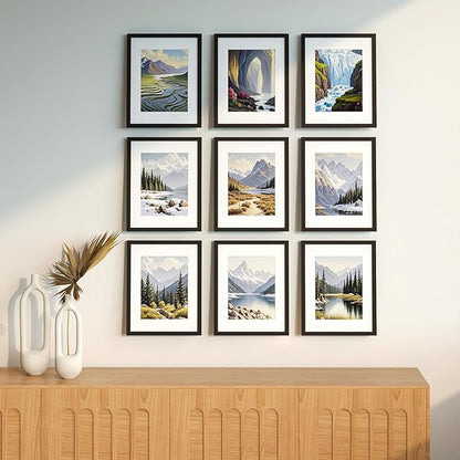 11x14 Picture Frame Set of 9, Display Pictures 8x10 with Mat or 11x14 without Mat, Multi Collage Gallery Square Photo Frames for Wall or Tabletop, Black