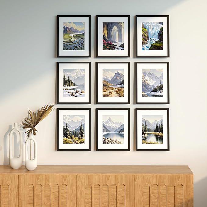 8x10 Picture Frame Set of 9, Display Pictures 5x7 with Mat or 8x10 without Mat, Multi Collage Gallery Square Photo Frames for Wall or Tabletop, Black