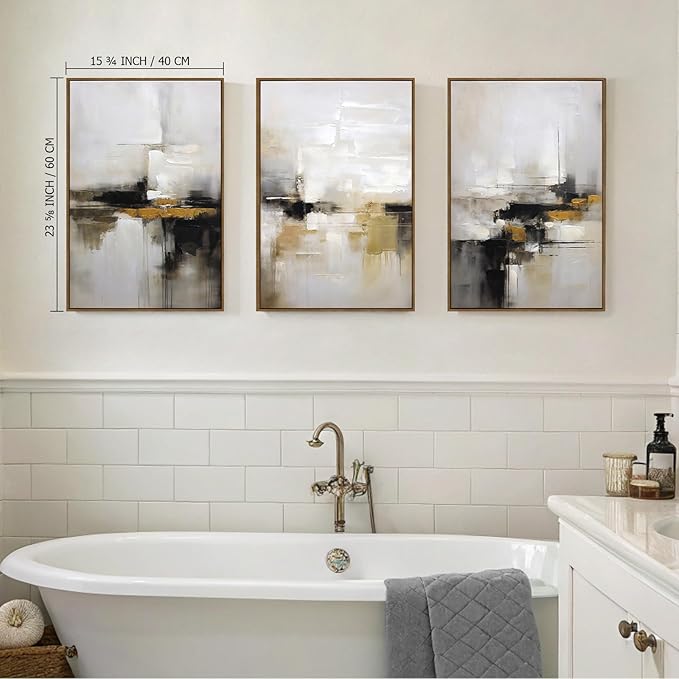 Abstract Neutral Wall Art Black and Brown Grunge Framed Mid Century Modern Wabi Sabi Textured Canvas Painting Artwork for Living Room Bedroom Office- 3 Panels, 16x24 Inch, Ready to Hang