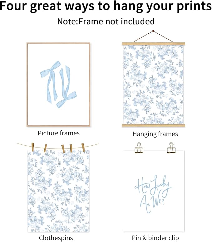 Baccone Blue Bow Wall Art Floral Canvas Wall Decor Coquette Flower Wall Art Trendy Aesthetic Poster Girly Preppy Pictures Blue Floral Prints for Living Room Bathroom 12x16 Inch Unframed Set of 3