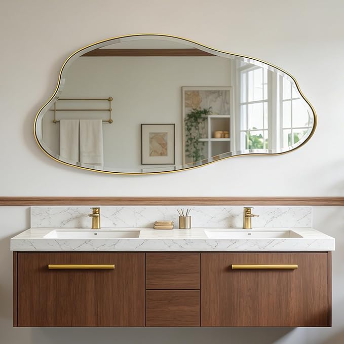 POZINO Large Irregular Beveled Mirror, 53.5"x27" Asymmetrical Aesthetic Mirror with Metal Frame, Cloud Shaped Mirrors for Living Room Bathroom Bedroom Hallway Entryway, Horizontal or Vertical Hanging