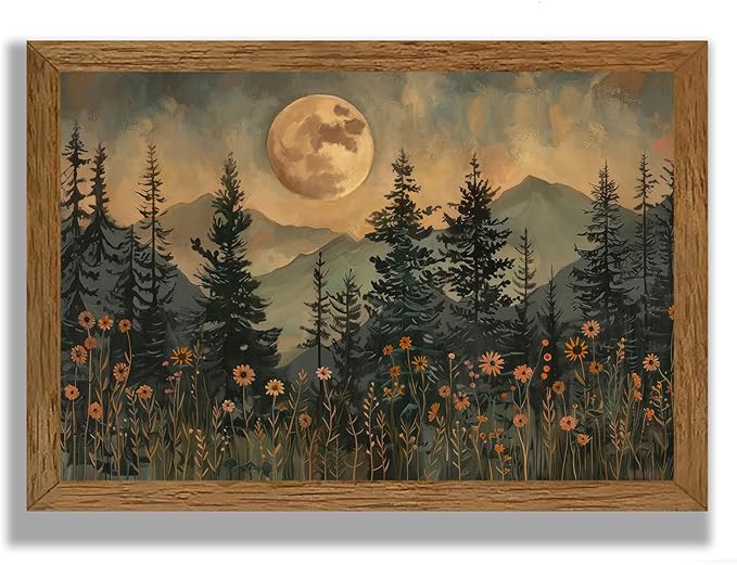 JLTULT Framed Vintage Moon Forest Canvas Wall Art, Moonlight Pine Tree Flower Wall Decor, Woodland Wildflower Picture Prints Artwork for Bedroom Living Room Office Decoration 20x30 inch Easy to Hang