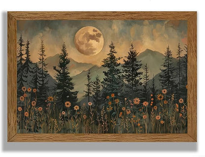 JLTULT Framed Vintage Moon Forest Canvas Wall Art, Moonlight Pine Tree Flower Wall Decor, Woodland Wildflower Picture Prints Artwork for Bedroom Living Room Office Decoration 20x30 inch Easy to Hang