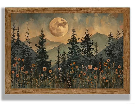 JLTULT Framed Vintage Moon Forest Canvas Wall Art, Moonlight Pine Tree Flower Wall Decor, Woodland Wildflower Picture Prints Artwork for Bedroom Living Room Office Decoration 20x30 inch Easy to Hang