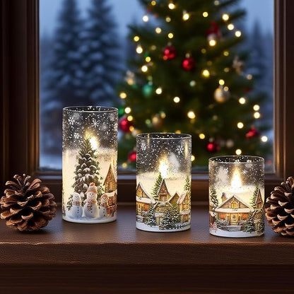 Snowman House Glass Flameless Candles Battery Operated with Remote and Timer Real Wax LED Flickering Pillar Candles Cold White Light Window Christmas Holiday Decor 3" D x 4", 5", 6" H