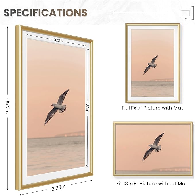 Fun Memories 13x19 Picture Frame, Gold Metal Frames 13 x 19 for Wall, 13x19 Matted frame for 11x17, High-End Aluminum Picture Frames with Real Glass, Modern Wall Gallery Frame Sets