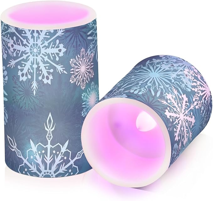 Christmas Flameless Candles Teal Blue White Snowflake Pillar Candles Set of 2 Battery Operated Remote Control Warm Lights Home Decor