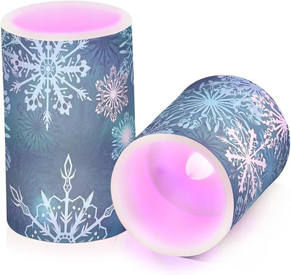 Christmas Flameless Candles Teal Blue White Snowflake Pillar Candles Set of 2 Battery Operated Remote Control Warm Lights Home Decor