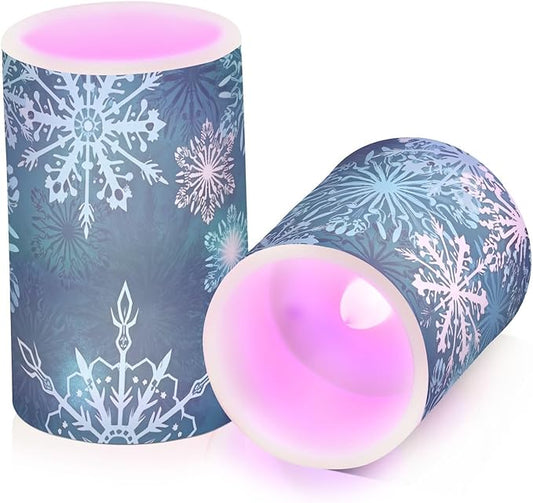 Christmas Flameless Candles Teal Blue White Snowflake Pillar Candles Set of 2 Battery Operated Remote Control Warm Lights Home Decor