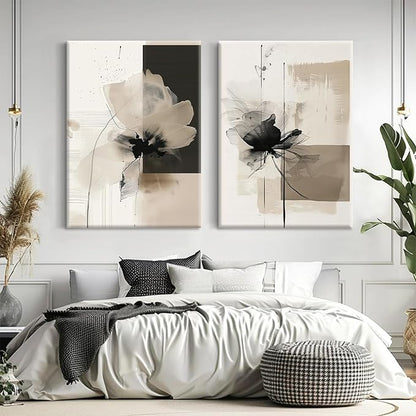 Modern Abstract Floral Wall Art Minimalist Neutral Canvas Painting Decor Beige Cream And Black Wall Art Contemporary Flower Picture Prints for Living Room Bedroom 12x16 Inch Wrapped Canvas Set of 2