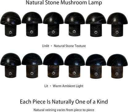 Hand-Polished Natural Marble Mushroom Lamp, Rechargeable LED Stone Night Light with Touch Control and 3 Brightness Levels, Sculptural Bedside Ambient Decor Light for Modern Home