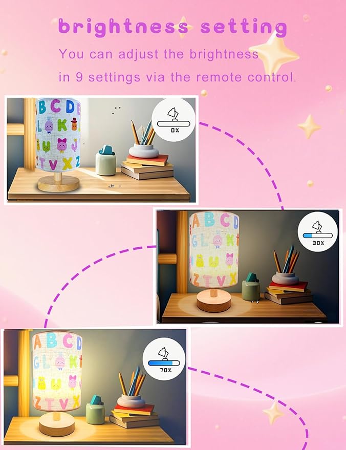 Kids Lamps for Bedrooms Girls, Cartoon Alphabet Table Lamp 3 Color Changing LED Night Light with 9 Brightness Levels Wood Nightstand Desk Base Flaxen Fabric Shade for Bedroom Living Room