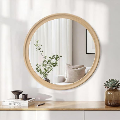 CULER Round Wall Mirrors 24 Inch,Natural Rustic Decorative Transitional Mirror with Wood Grain Frame for Wall,Farmhouse Hanging Vanity Mirror for Bathroom Bedroom Living Room or Entryway