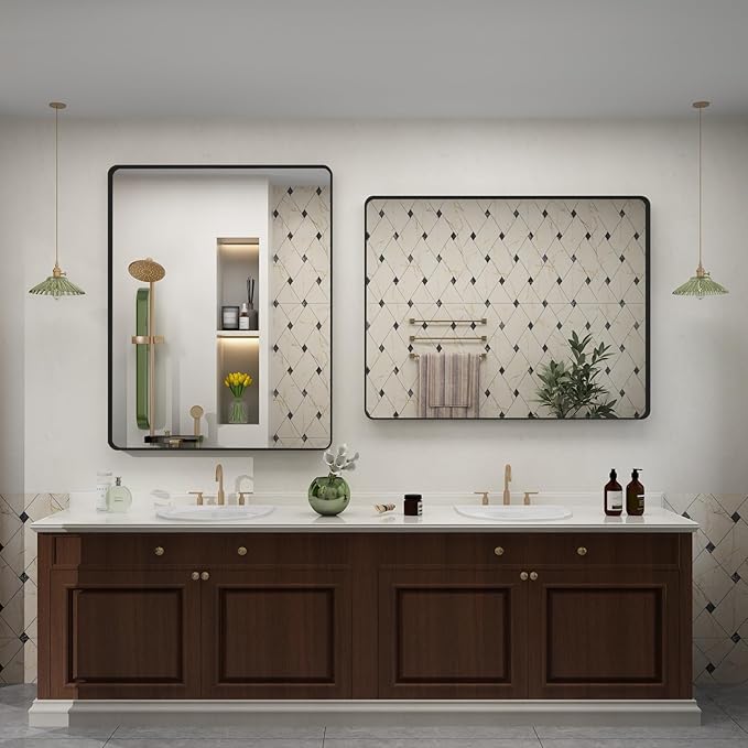 26x36 Inch Black Metal Framed Bathrrom Mirror for Wall, Matte Black Rectangle Mirror, Rounded Corner, Anti-Rust (Horizontal/Vertical)
