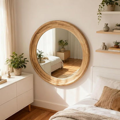 sawsile Round Wood Mirror 24" Natural Circle Wooden Nursery Farmhouse Rustic Decorative Large Wall Mirror for Bathroom,Living Room, Fireplace,Hallway
