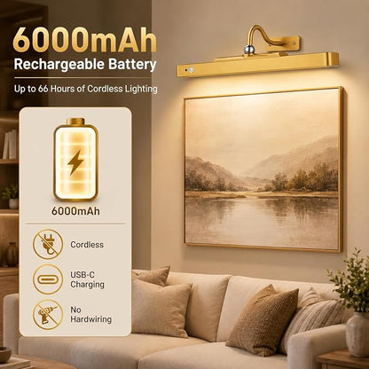 16" Gold Picture Light for Wall, Battery Operated Rechargeable Art Light with 6000mAh Battery, Motion Sensor, Remote, 3CCT Dimmable Cordless Painting Light for Artwork, Gallery, Hallway, 2 Pack