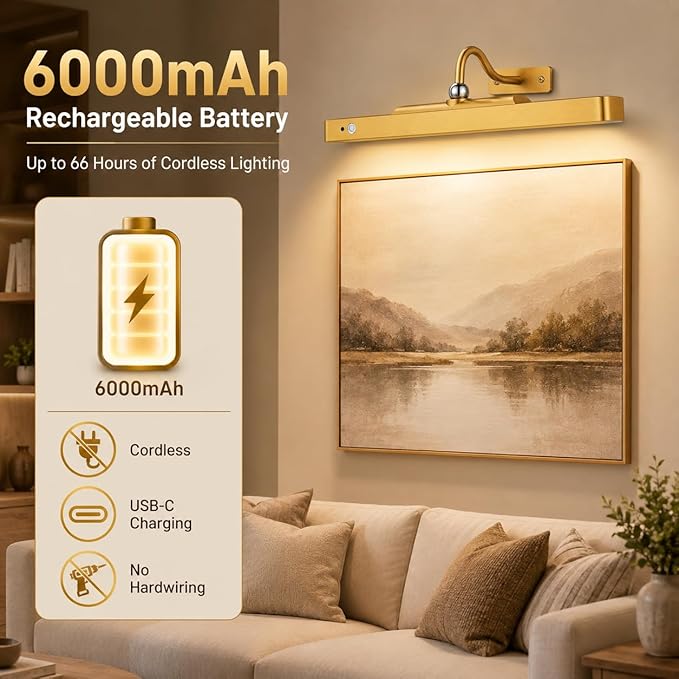 16" Gold Picture Light for Wall, Battery Operated Rechargeable Art Light with 6000mAh Battery, Motion Sensor, Remote, 3CCT Dimmable Cordless Painting Light for Artwork, Gallery, Hallway, 1 Pack