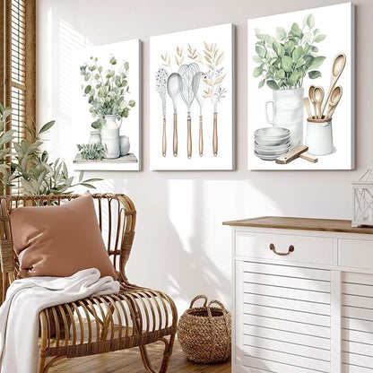 YFvrPt Sage Green Kitchen Wall Art Set of 3, Eucalyptus Leaves Plant Dining Room Painting Wall Decor, Boho Botanical Canvas Poster Print Farmhouse Pictures for Home Decoration Framed 12"x16"