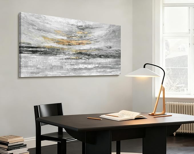 Nicetop Large 48x24 Inch Black White Gold Abstract Canvas Wall Art, Modern Coastal Ocean Art, Minimalist Wall Decor Ready to Hang for Living Room Bedroom Bathroom Office