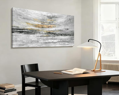 Nicetop Large 48x24 Inch Black White Gold Abstract Canvas Wall Art, Modern Coastal Ocean Art, Minimalist Wall Decor Ready to Hang for Living Room Bedroom Bathroom Office