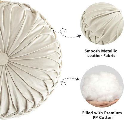 HIG Set of 2 Decorative Round Pleated Throw Pillows,Classy Accent Pumpkin Throw Pillows with Center Button,Vintage Velvet Floor Pillows for Sofa Vanity Chair Bed, Beige,14.5" Diameter(Ripple)