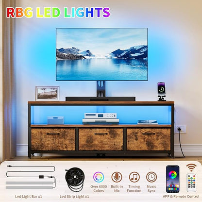 JUSTOGO TV Stand with Mount and Power Outlet, TV Stand with Drawers Storage for Living Room Bedroom, LED Entertainment Center for 45 55 60 65 inch, Height Adjustable Media Console, Rustic Brown
