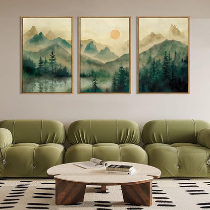 IARTTOP Extra Large Green Forest Wall Art 24x36 Inch Framed Foggy Mountain Canvas Art Prints Nature Landscape Wall Decor for Living Room Bedroom Office Set of 3