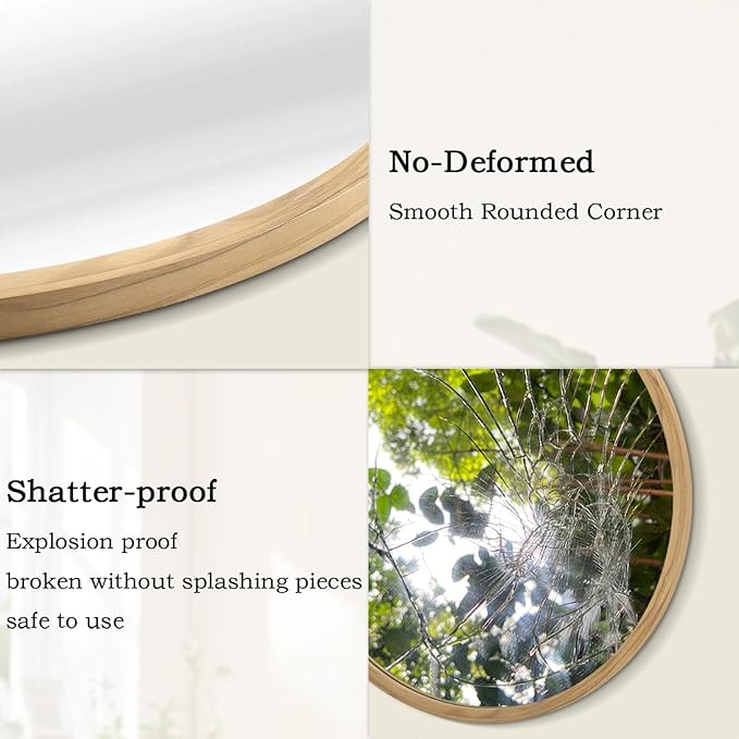 AOAOPQ Wall Mount Mirror for Bathroom Brushed Metal Framed Round Ative Hanging Small NaturalWoodgrain Mirror for Home Living Room Bedroom