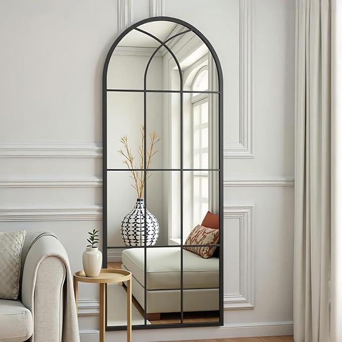 Prywot Full Length Mirror, 56"x22" Arched Window Pane Mirrors for Wall Decor, Black Full Body or Wall Mounted Mirrors, Farmhouse Standing Mirror Hanging or Leaning for Living Room, Entryway, No Stand