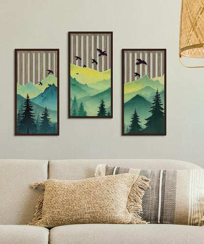 Putuo Decor Forest Mountain Wall Art Set of 3, Nature-Inspired MDF Cut-Out Panels with Bird and Tree Silhouettes, Rustic Wall Decor for Living Room Bedroom Cabin Office