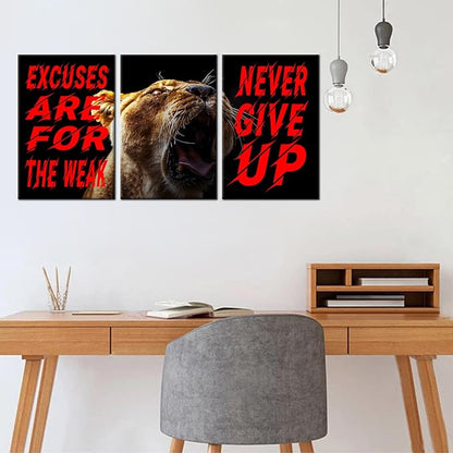 Motivational Wall Art Excuses Are for the Weak Poster Inspirational Quotes Never Give up Painting 3 Pieces Canvas Print Office Decor Inspiring Framed Decoration Ready to Hang [48''W x 24''H]
