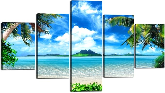 Extra Large Modern Landscape Seascape Pictures Painting on Canvas 5 Panels Combination Set for Living Room Home Decor Wall Art Framed Stretched (60''W x 40''H)