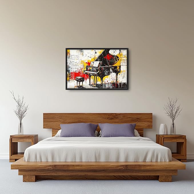 Banksy Piano Large Wall Art for Living Room Abstract Graffiti Music Framed Canvas Decor Musical Notes Prints Painting Pictures Extra Large Vintage Colorful Artwork for Bedroom Classroom Office 24"x36"
