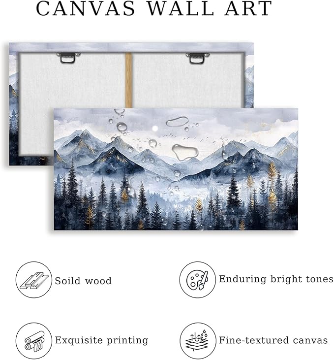 SERIMINO Mountain Landscape Large Wall Art, Misty Forest Canvas Prints, Blue Gold Watercolor Pine Tree Paintings Wall Decor Living Room Bedroom, Natural Scenery Office Decor Pictures 24"X48"