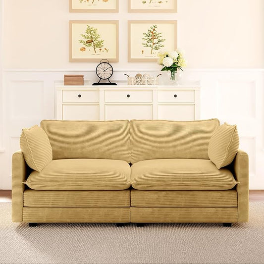 ROWHY 78'' Sectional 2 Seat Cloud Loveseat with 2 Throw Pillows, Modern Corduroy Love Seat, Convertible Cozy Sofa for Living Room, Bedroom and Office, Yellow