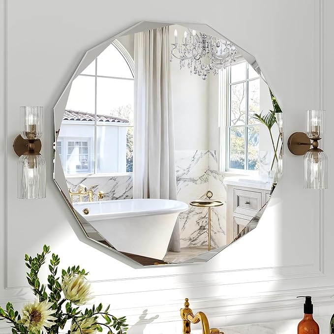 30x30 Inch Round Beveled Bathroom Mirror, Circle Frameless Copper-Free Silver Mirror, Modern Vanity Mirror, Decorative Wall Mirrors for Restroom, Bedroom, Living Room, Bathroom, Entryway