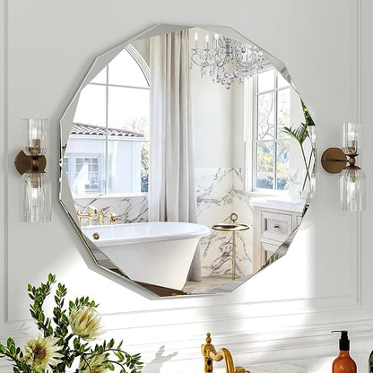 30x30 Inch Round Beveled Bathroom Mirror, Circle Frameless Copper-Free Silver Mirror, Modern Vanity Mirror, Decorative Wall Mirrors for Restroom, Bedroom, Living Room, Bathroom, Entryway