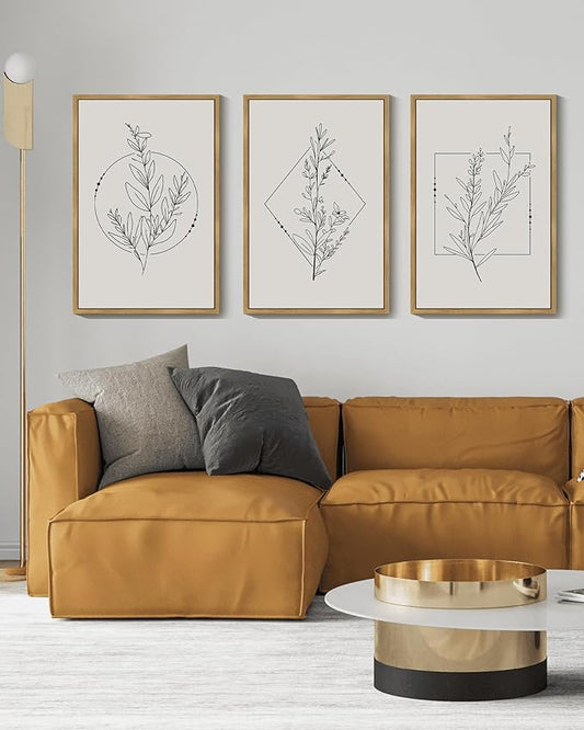 Drsoum Minimalist Flower Wall Art Vintage Wall Hanging Decor Bohemain Botanical Prints Artwork for Bedroom Living Room Hallway 24x36in Natural Framed