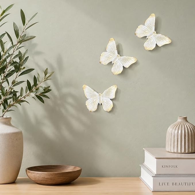 GUSFREUD 3D Butterfly Wall Decor Set – Resin Wall Decorations for Living Room, Bedroom, Garden, Yard, Outdoor and Gallery Walls - Ivory Gold - Set of 3