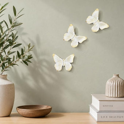 GUSFREUD 3D Butterfly Wall Decor Set – Resin Wall Decorations for Living Room, Bedroom, Garden, Yard, Outdoor and Gallery Walls - Ivory Gold - Set of 3