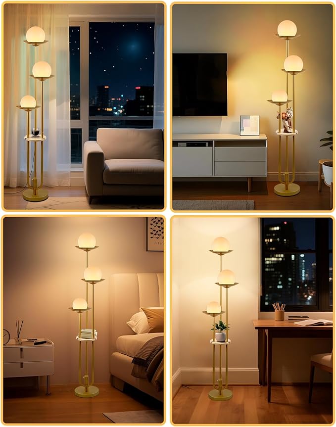63IN Globe Floor Lamp with Shelf 3-Lights Modern Dimmable Floor Lamps with 3000K Soft Warm White Bulbs for Wedding/Party, Gold Tall Standing Lamp with 5Lbs Heavy Base for Living Room/Bedroom
