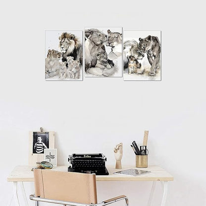 3 Pieces Lion Pictures Wall Art Animal Canvas Paintings Brown Lion Family Portrait Pictures Wall Decor Watercolor Style Poster Living Room Home Office Decor, Framed 12" x 16"x3